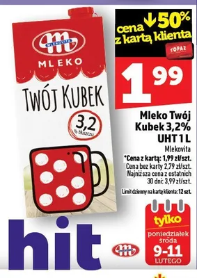 Mleko Twój Kubek 3,2% UHT 1L promocja w TOPAZ