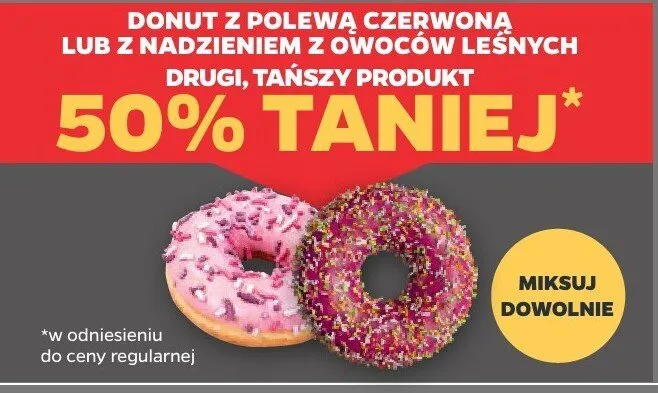 Donut z polewą czerwoną lub z nadzieniem z owoców leśnych promocja w Netto