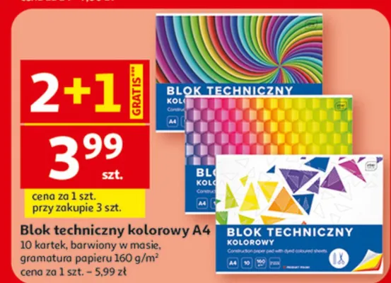 Blok techniczny kolorowy A4 10 kartek, barwiony w masie, gramatura papieru 160 g/m² promocja w Auchan