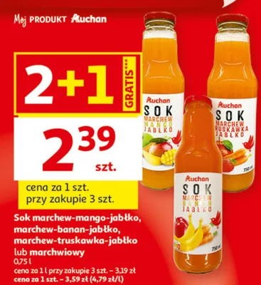 Sok marchew-mango-jabłko, marchew-banan-jabłko, marchew-truskawka-jabłko lub marchwowy Auchan promocja w Auchan