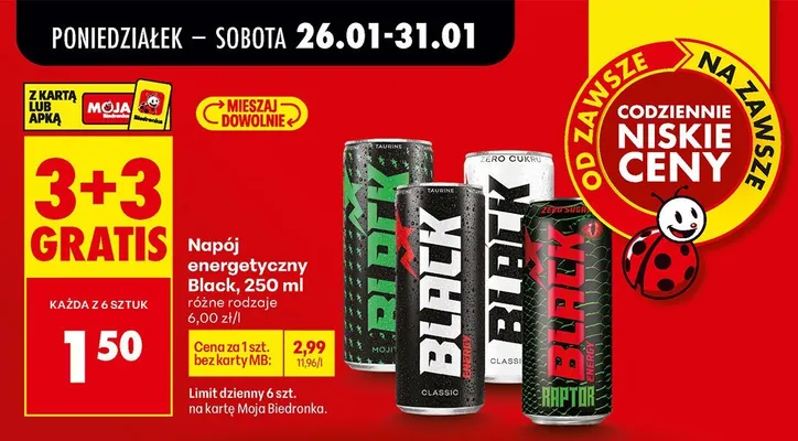 Napój energetyczny 250 ml, różne rodzaje 3+3 GRATIS Black promocja w Biedronka
