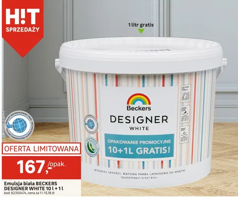 Emulsja biała BECKERS DESIGNER WHITE 10 l + 1 l promocja w Leroy Merlin