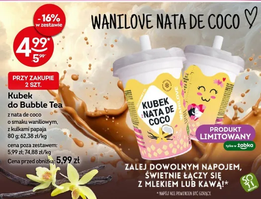 Kubek do Bubble Tea z nata de coco o smaku waniliowym, z kulkami papaja promocja w Żabka