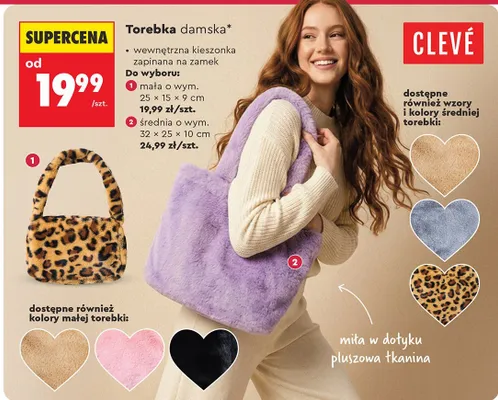 Torebka damska CLEVÉ - średnia, 32 × 25 × 10 cm promocja w Biedronka