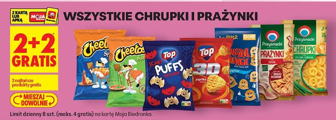 Chrupki i prażynki wszystkie Cheetos, Top Puffys, Przysnacki promocja w Biedronka