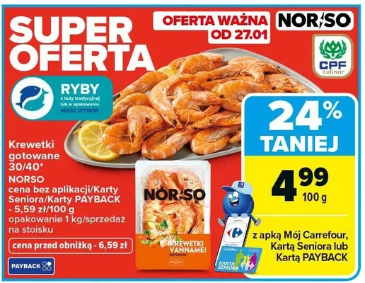 Krewetki gotowane 30/40 NORSO promocja w Carrefour