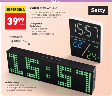 Budzik cyfrowy LED Setty biały promocja w Biedronka