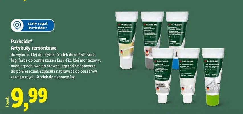 Artykuły remontowe: klej do płytek, środek do odświeżania fug, farba do pomieszczeń Easy-Fix, klej montażowy, masa szpachlowa do drewna, szpachla naprawcza do pomieszczeń, szpachla naprawcza do obszarów zewnętrznych, środek do naprawy fug promocja w Lidl