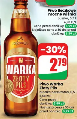 Piwo Warka Złoty Pils butelka bezzwrotna promocja w Dino