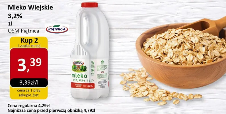 Mleko Wiejskie 3,2% 1l Piątnica promocja w Market Point