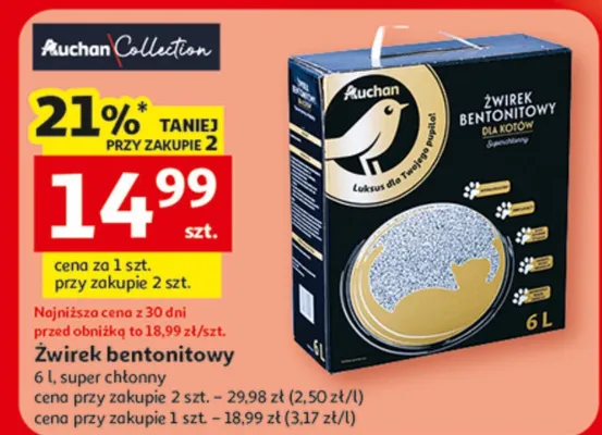 Żwirek bentonitowy Auchan Collection 6 l, super chłonny promocja