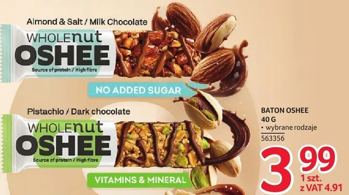 Baton Oshee Wholenut Pistachio / Dark chocolate 40 g promocja w Selgros