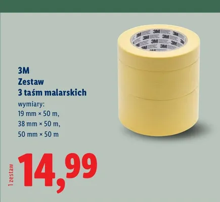 Zestaw 3 taśm malarskich - 19 mm x50 m, 38 mm x50 m, 50 mm x50 m 3M promocja w Lidl