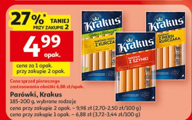 Parówki, Krakus, 185-200 g, wybrane rodzaje promocja w Auchan
