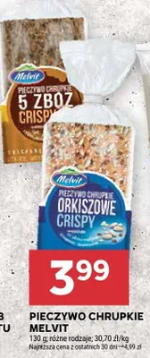 Pieczywo chrupkie 5 zbóż, orkiszowe crispy MELVIT promocja w Stokrotka
