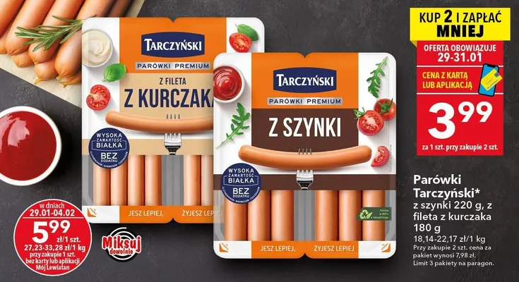 Parówki Tarczyński z szynki 220 g promocja w LEWIATAN