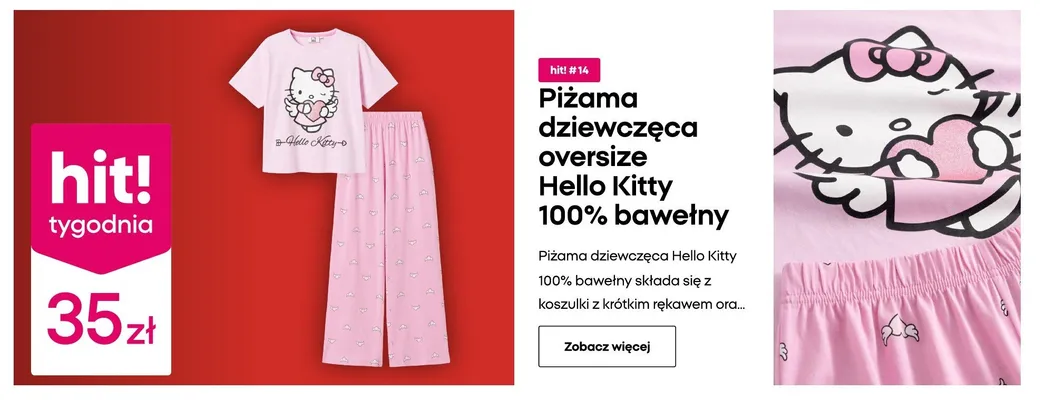 Piżama dziewczęca oversize 100% bawełny Hello Kitty promocja w Pepco