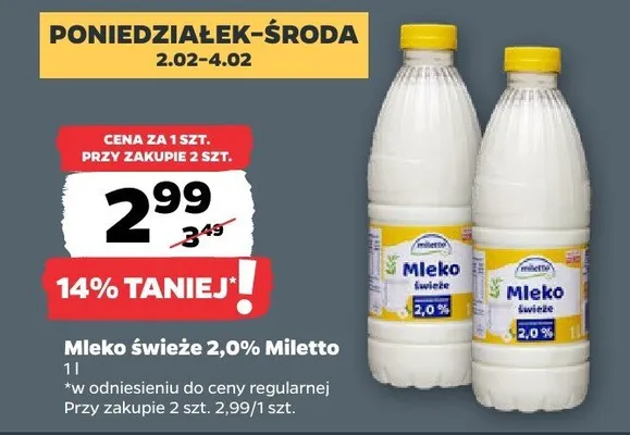 Mleko świeże 2,0% Miletto promocja w Netto