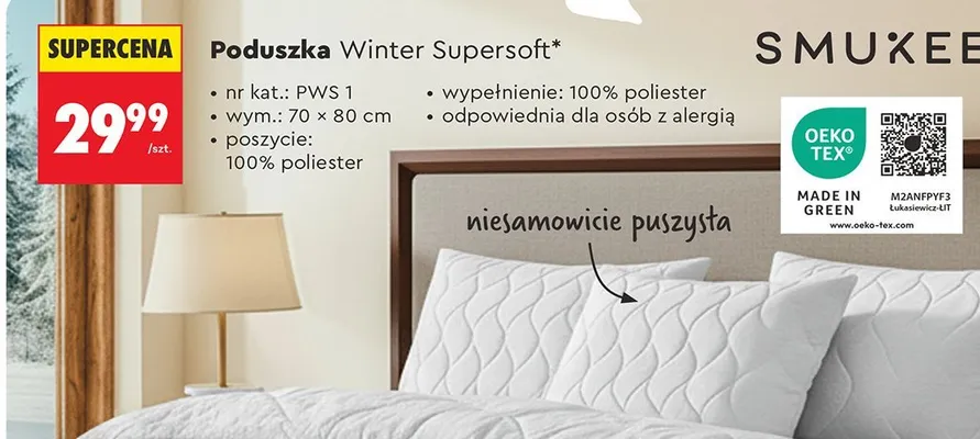 Poduszka Winter Supersoft SMUKEE, 70 × 80 cm promocja w Biedronka