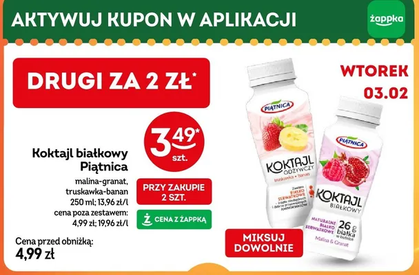 Koktajl białkowy Piątnica malina-granat, truskawka-banan promocja w Żabka