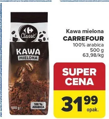 Kawa mielona 100% arabica 500 g Carrefour Classic promocja w Carrefour Market