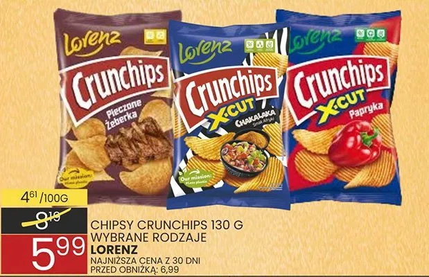 Chipsy crunchips 130 g wybrane rodzaje LORENZ promocja w Wafelek