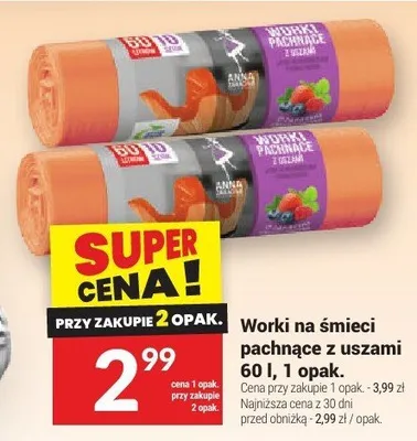 Worki na śmieci pachnące z uszami 60 l, 1 opak. promocja w Twój Market