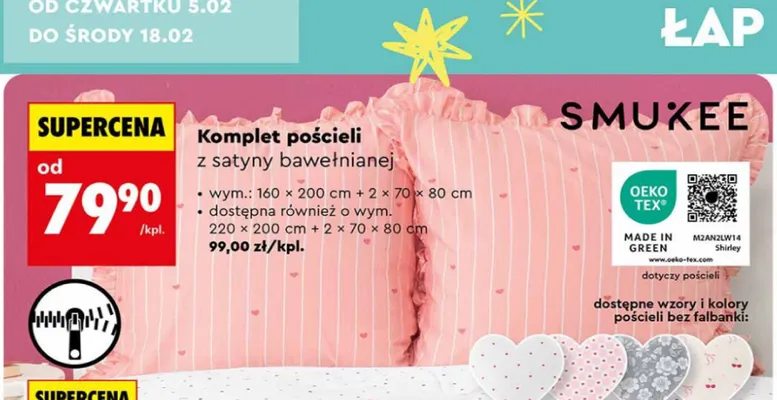 Komplet pościeli z satyny bawełnianej SMUKEE, 160x200 cm + 2x70x80 cm promocja w Biedronka