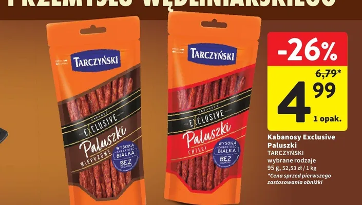Kabanosy Exclusive Paluszki Tarczyński wybrane rodzaje promocja w Intermarche
