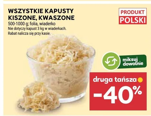 Kapusta Kiszone, Kwaszone 500-1000 g, folia, wiaderko promocja w Stokrotka