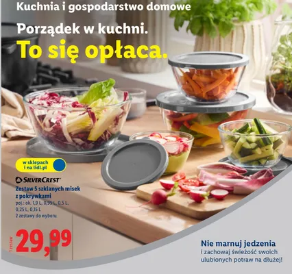 Zestaw 5 szklanych misek z pokrywkami promocja w Lidl
