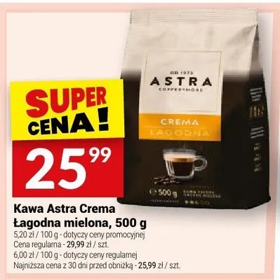 Kawa Astra Crema łagodna mielona, 500 g promocja w Twój Market