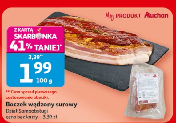Boczek wędzony surowy Dział Samoobsługi, 100 g promocja w Auchan