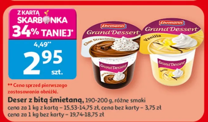 Deser z bitą śmietaną Ehrmann Grand Dessert, 190-200 g, różne smaki promocja