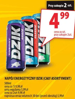 Napój energetyczny Dzik (cały asortyment) 500ml promocja w Arhelan