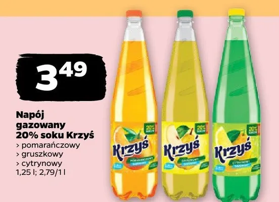 Napój gazowany 20% soku Krzyś pomarańczowy, gruszkowy, cytrynowy promocja w Netto