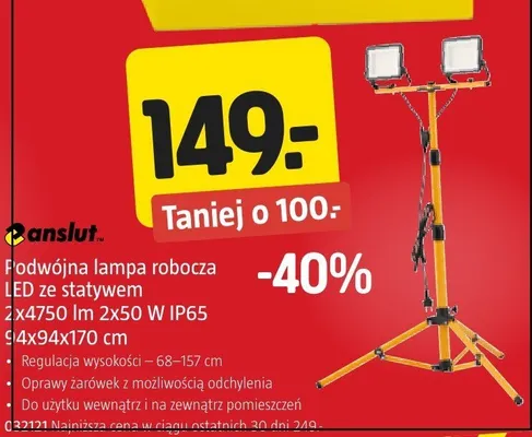 Podwójna lampa robocza LED ze statywem 2x4750 lm 2x50 W IP65 84x94x170 cm Anslut promocja w Jula