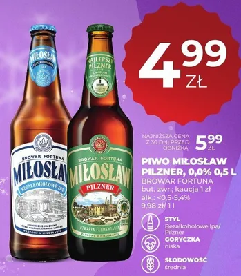 Piwo Miłosław Pilzner 0,0% 0,5L promocja w Duży Ben