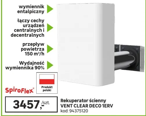 Rekuperator ścienny VENT CLEAR DECO 1ERV promocja w Leroy Merlin
