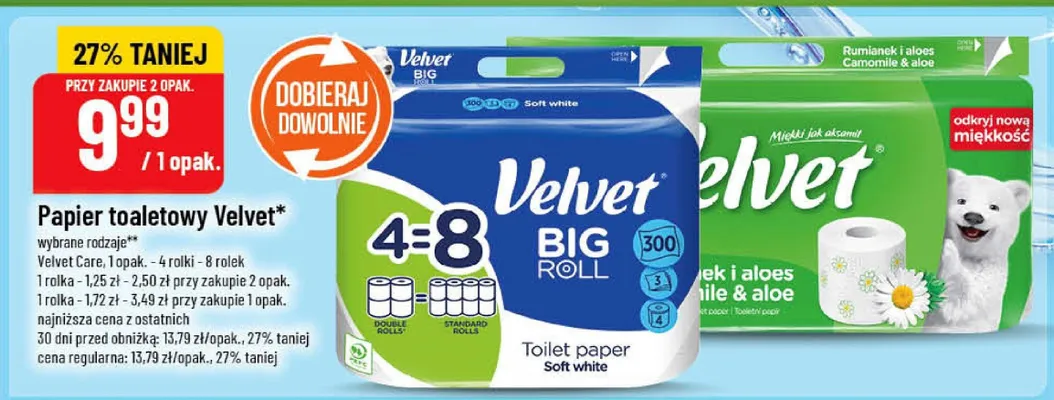 Papier toaletowy Velvet Care, 4 rolki - 8 rolek promocja w POLOmarket