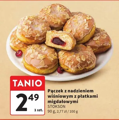 Pączek z nadzieniem wiśniowym z płatkami migdałowymi STOKSON 90 g promocja w Intermarche