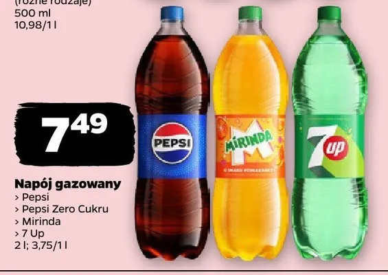 Napój gazowany Pepsi, Pepsi Zero Cukru, Mirinda, 7Up promocja w Netto