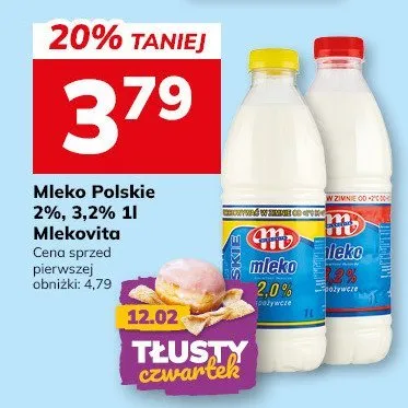 Mleko Polskie Mlekovita 2%, 3,2% 1l promocja w Hitpol