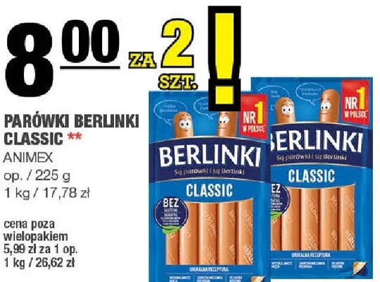 Parówki Berlinki Classic Animex promocja w SPAR