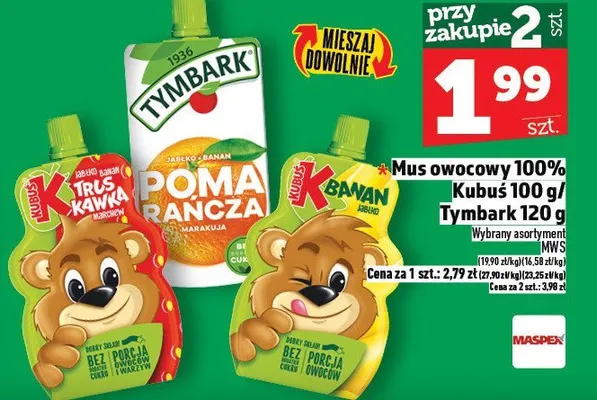 Mus owocowy 100% Kubuś 100g/Tymbark 120g promocja w TOPAZ