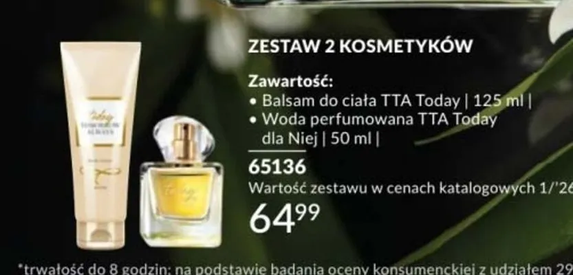 Zestaw 2 kosmetyków - Balsam do ciała TTA Today 125ml + Woda perfumowana TTA Today dla Niej 50ml AVON promocja