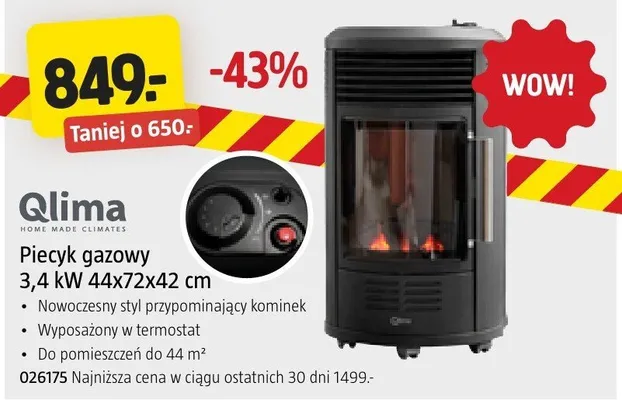 Piecyk gazowy 3,4 kW 44x72x42 cm Qlima promocja w Jula