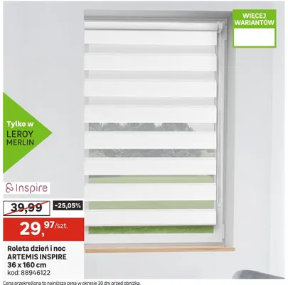 Roleta dzień i noc ARTEMIS INSPIRE 36 x 160 cm promocja w Leroy Merlin