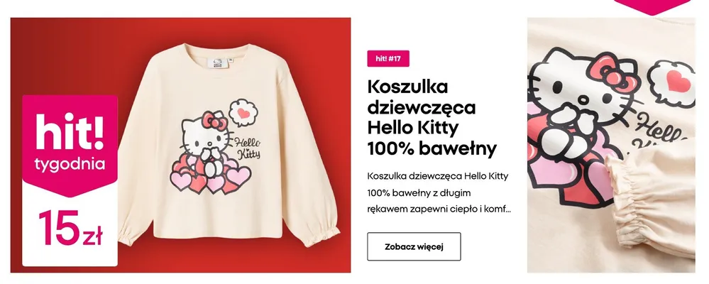 Koszulka dziewczęca 100% bawełny długi rękaw Hello Kitty promocja w Pepco