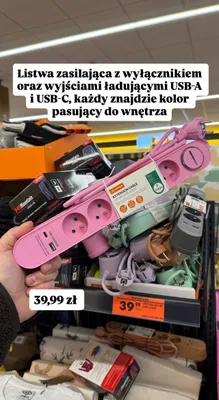 Listwa zasilająca z wyłącznikiem i wyjściami USB-A, USB-C różne kolory promocja w Biedronka